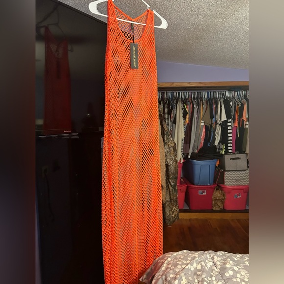 New neon, orange fishnet, bathing suit, beach cover-up - Picture 1 of 2